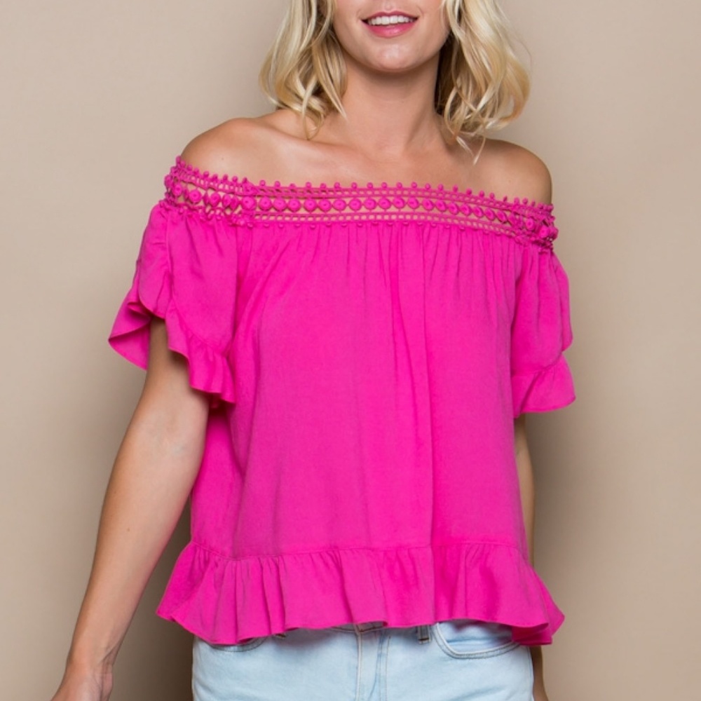 Pink fuchsia off the shoulder top with lace